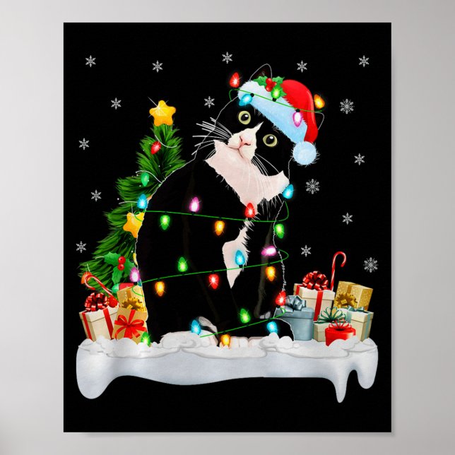 Poster Black Cat Christmas Lights Santa Hat Black Cat Lov (Devant)