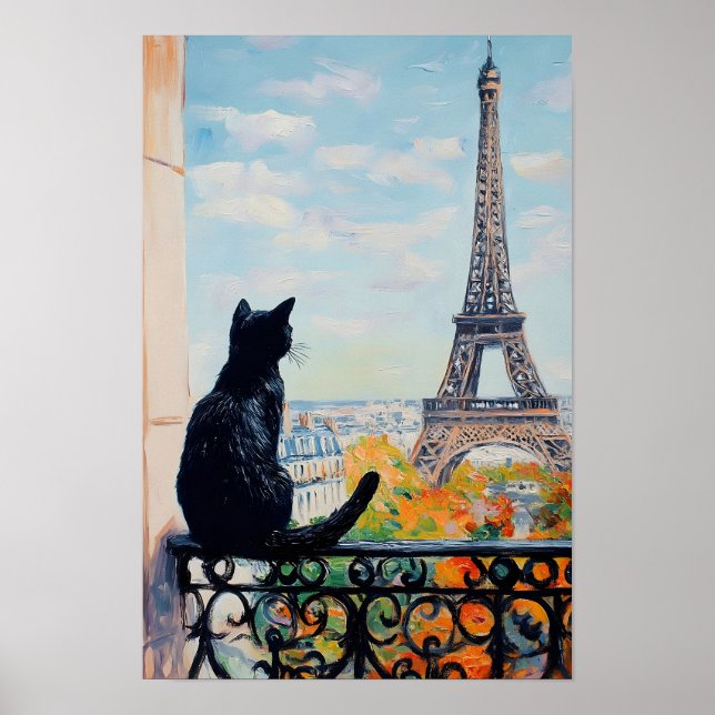 Poster Black cat enjoying the view of the Eiffel Tower (Devant)
