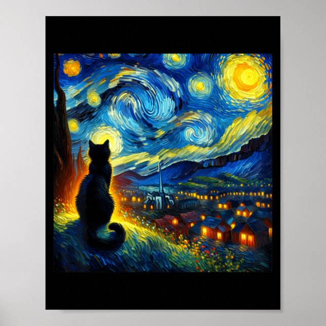 Poster Black Cat Funny Cat Lover Mom Daddy Starry Night V (Devant)
