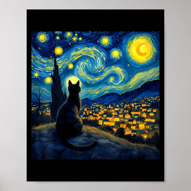 Poster Black Cat Funny Cat Lover Mom Daddy Starry Night V (Devant)