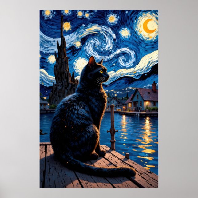 Poster Black cat gazing at a starry night dockside scene  (Devant)