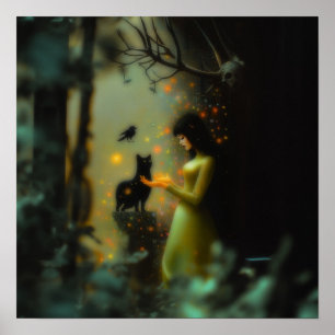 Poster Black Cat Green Forest Witchy AI Art Matte Value