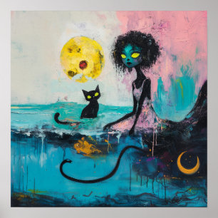 Poster Black Cat Moon Magique Witchy AI Art Semi-brillant