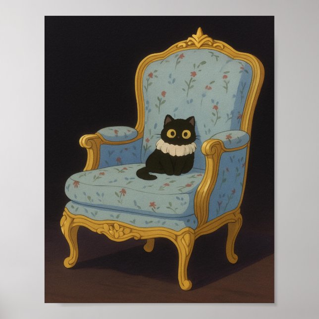 Poster Black Cat on Blue Floral Armchair (Devant)