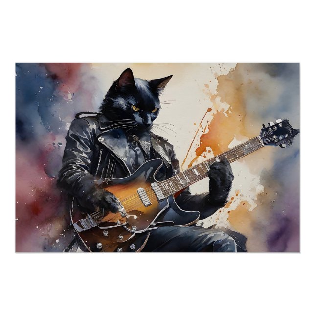 Poster Black Cat Rock Star Jouer Guitare Veste en cuir (Devant)