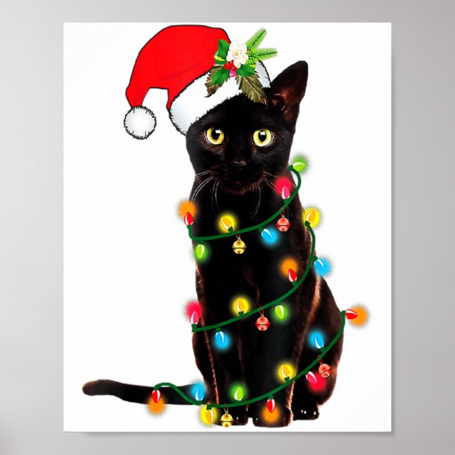 Poster Black Cat Santa Tangled Up In Christmas Lights _1  (Devant)