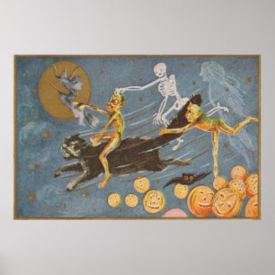 Poster Black Cat Skeleton Ghost Witch Demon