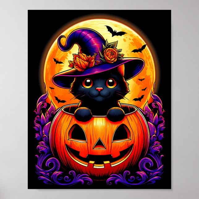 Poster Black Cat Witch Hat Pumpkin Funny Halloween Men Wo (Devant)