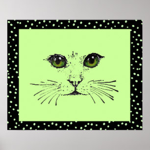 Poster Black Drawing Cat Face Intense Eyes Polka Dots