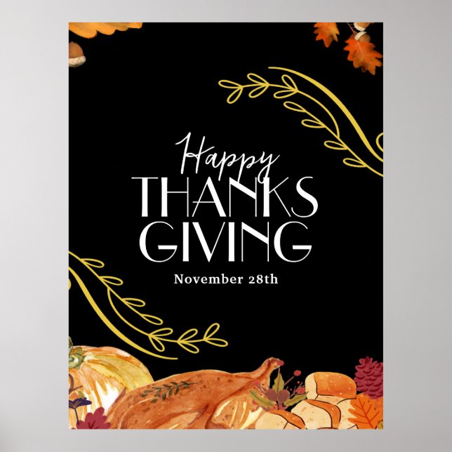 Poster Black Elegant Thanksgiving dîner party Printable (Devant)