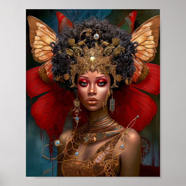 Poster Black Fairy Queen Red Gold Fairy Imaginaire Art (Devant)