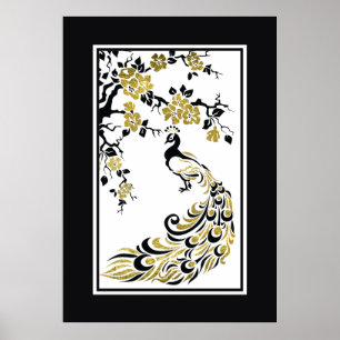Poster Black, fausse feuille d'or paon et fleurs de ceris