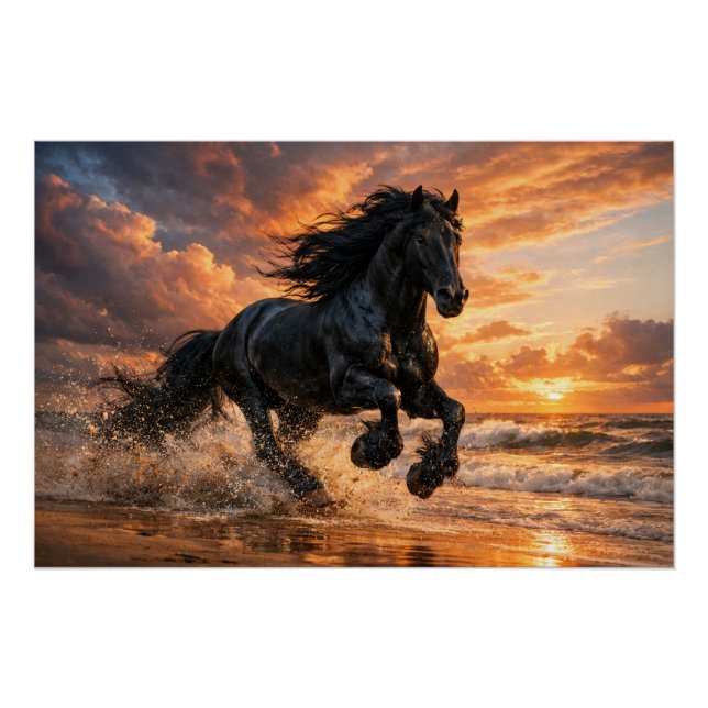 Poster Black Friesian Horse at Sunset, Powerful Beach Run (Devant)