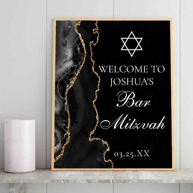 Poster Black Gold Agate Bar Mitzvah Party Bienvenue (Créateur téléchargé)