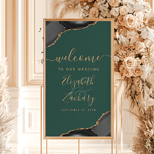 Poster Black Gold Agate Vert foncé 32x48 Mariage Bienvenu