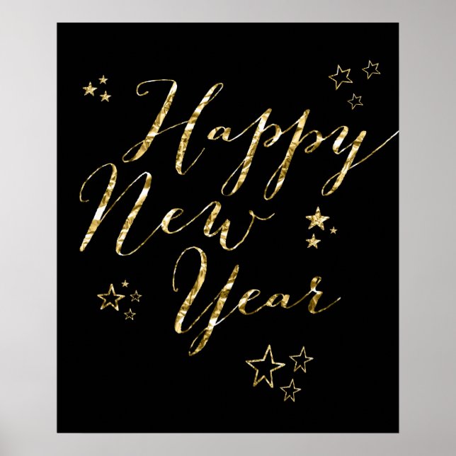 Poster Black Happy New Year Gold Foil Sign Print (Devant)
