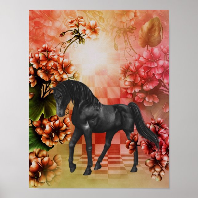 Poster Black Horse Flowers Imaginaire Art (Devant)