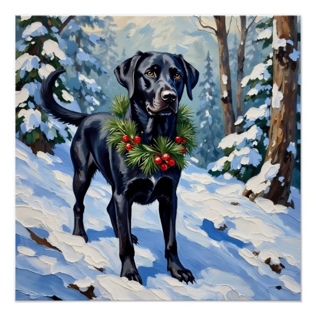 Poster Black Lab Serene Winter Forest Christmas Holiday (Devant)