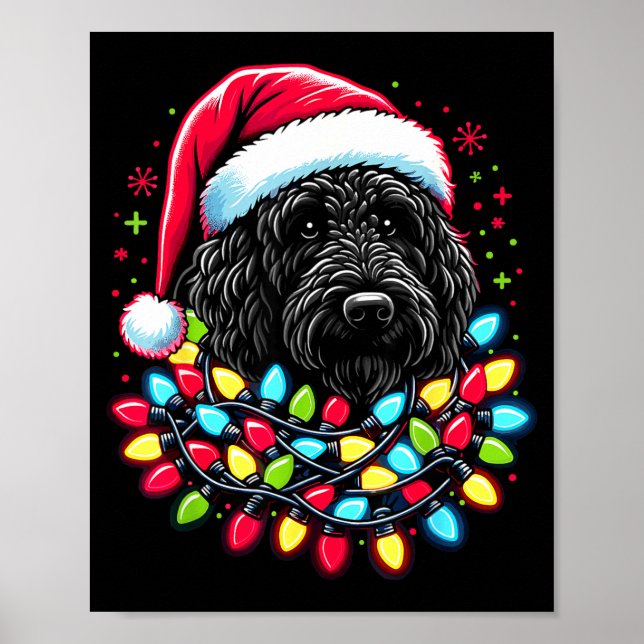 Poster Black Labradoodle Christmas Tree Xmas Lights Doodl (Devant)