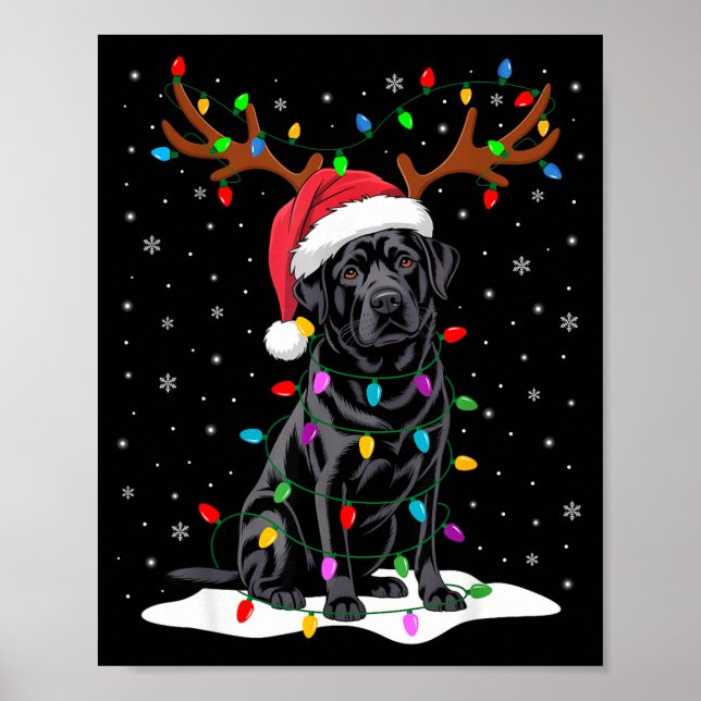 Poster Black Labrador Santa Hat Reindeer Tree Lights Chri (Devant)
