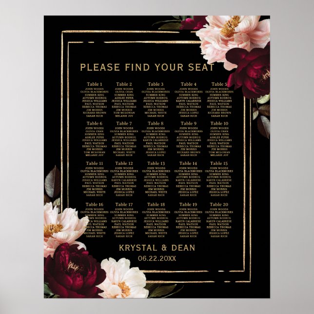 Poster Black Moody Bourgogne Blush Floral Mariage Siège (Devant)