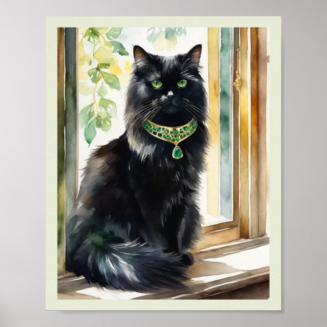 Poster Black Perse Chat Aquarelle Or Emerald Coller (Devant)