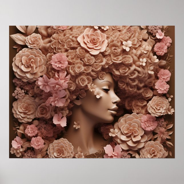 Poster Black Queen Melanin Femmes Fleur florale 3D Afro (Devant)