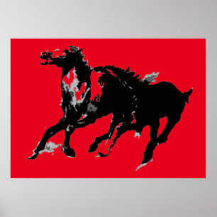Poster Black Red Pop Art Runses Horses Silhouettes
