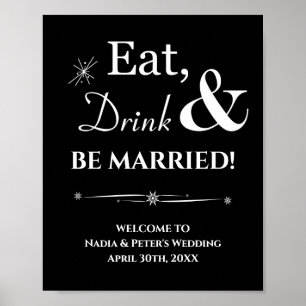 Poster Black Retro Eat Drink Be Marié Bienvenue Mariage