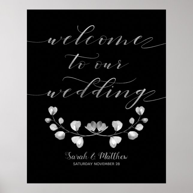 Poster Black & Silver Green Bienvenue À Notre Mariage (Devant)