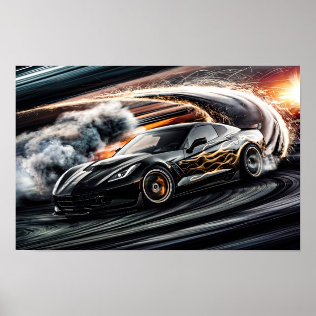 Poster Black Sleek Racing Sports Car Drifting #8 (Devant)