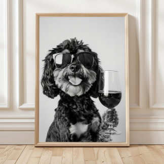 Poster Black & Tan Cavapoo Drinking Wine Wall Art, Black