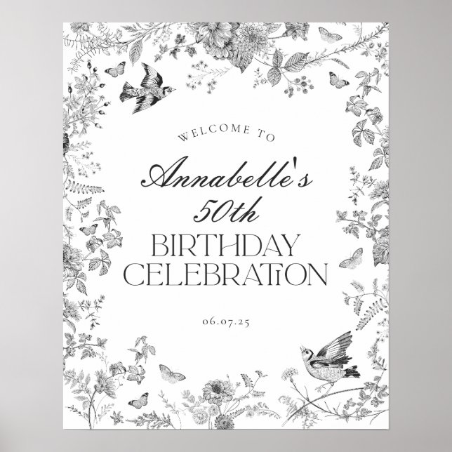 Poster Black Toile Floral Birthday Party Welcome Sign (Devant)