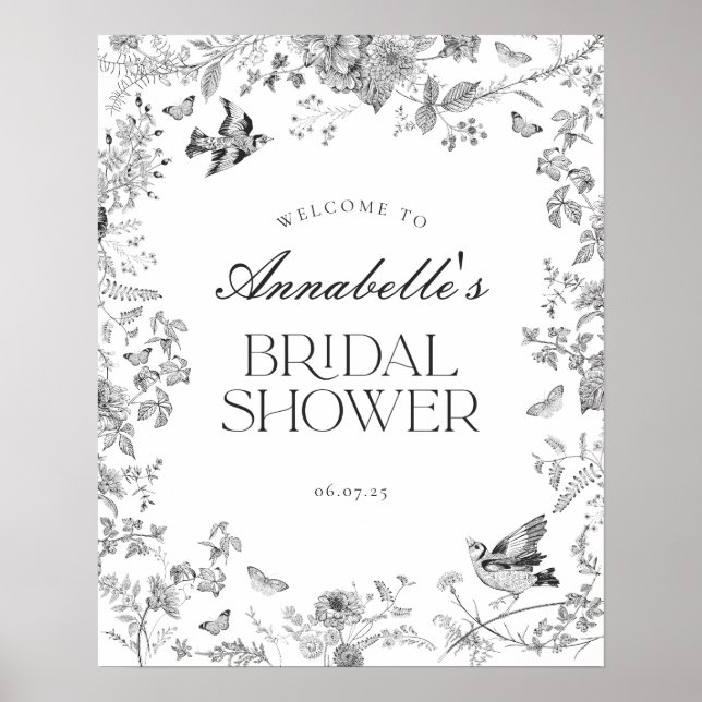 Poster Black Toile Jouy Floral Bridal Shower Welcome Sign (Devant)