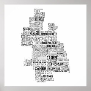 Poster Black Typographical Map of Co. Tipperary, Ireland