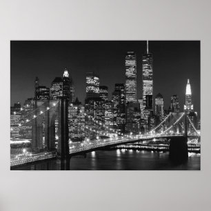 Poster Black White Brooklyn Bridge New York Night