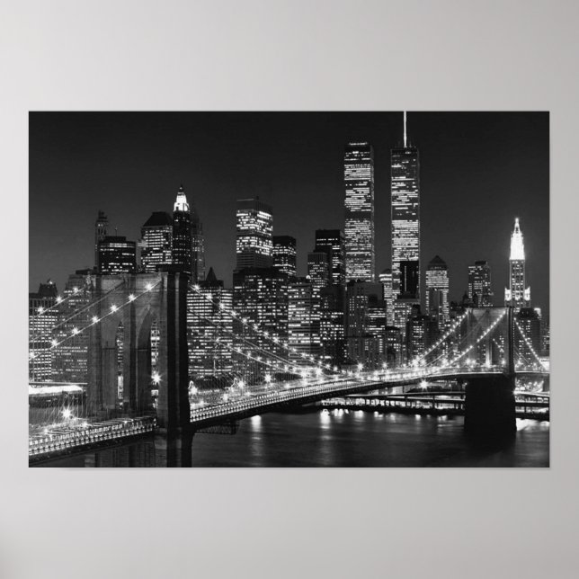 Poster Black White Brooklyn Bridge New York Nuit (Devant)