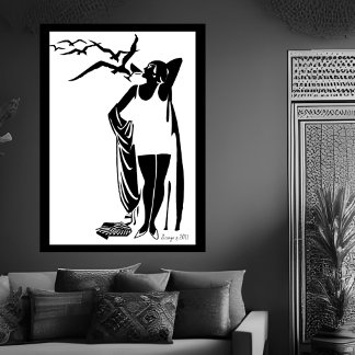 Poster Black White Deco femme champagne de plage