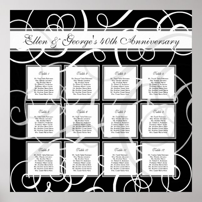 Poster Black White Elegant Party 12 Table Seating Chart (Devant)