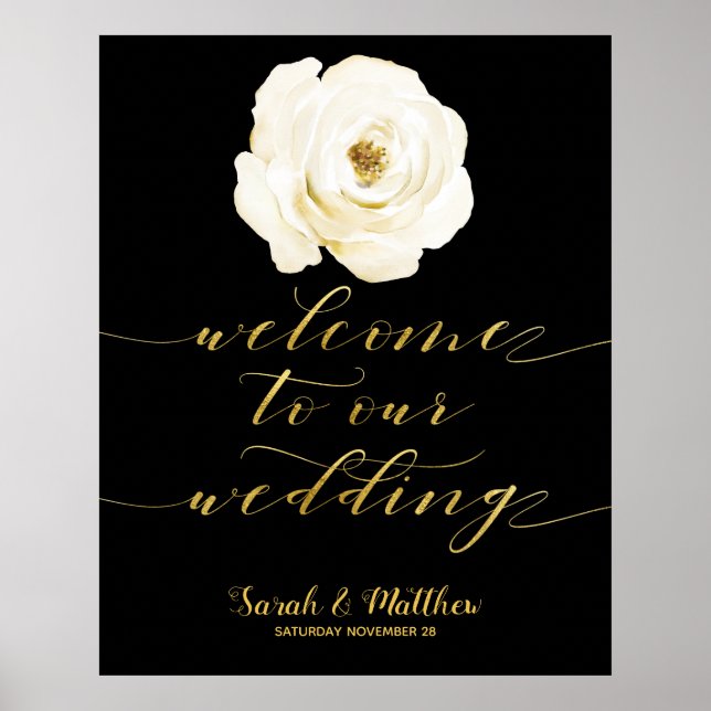 Poster Black White Floral Gold Bienvenue À Notre Mariage (Devant)