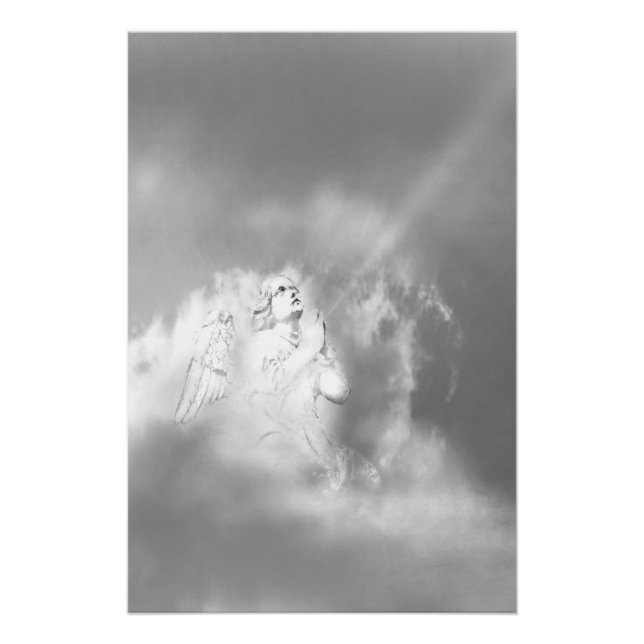 Poster  Black White Grey Angel in Clouds Praying (Devant)