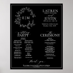Poster Black White Leafy Crest Monogram Wedding Program