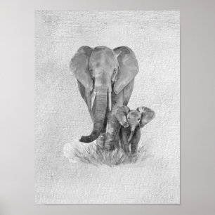 Poster Black & White Mère & Baby Elephant