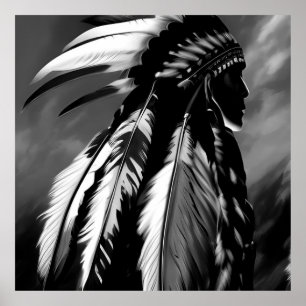 Poster Black White Native American Indian Man profil