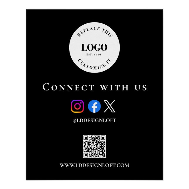 Poster Black White Social QR code website Custom logo (Devant)