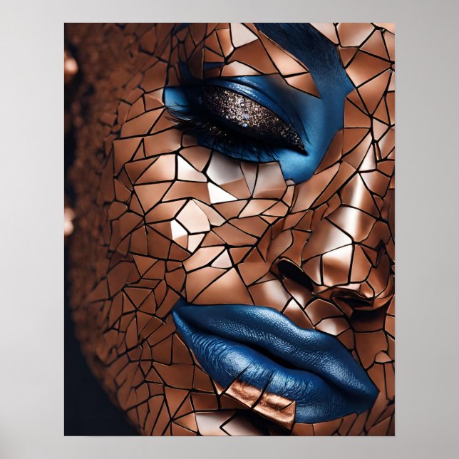 Poster Black Womens Blue Cuivre Mosaïque Visage mur Art (Devant)