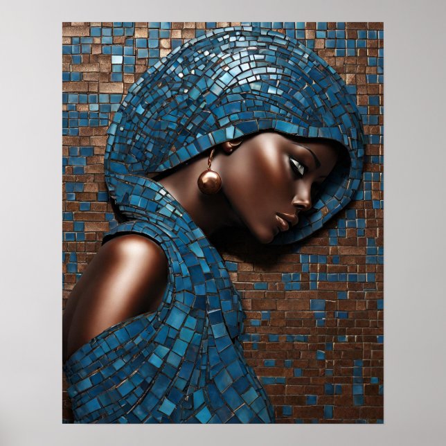 Poster Black Womens Blue Cuivre Mosaïque Visage mur Art (Devant)