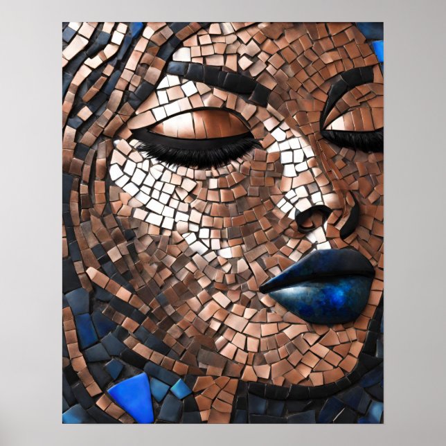 Poster Black Womens Blue Cuivre Mosaïque Visage mur Art (Devant)