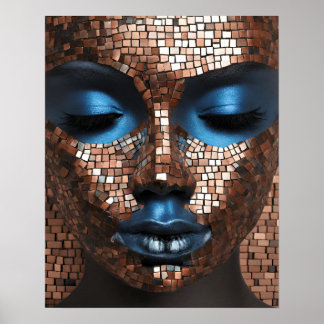 Poster Black Womens Blue Cuivre Mosaïque Visage mur Art