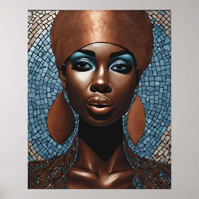 Poster Black Womens Blue Cuivre Mosaïque Visage mur Art (Devant)